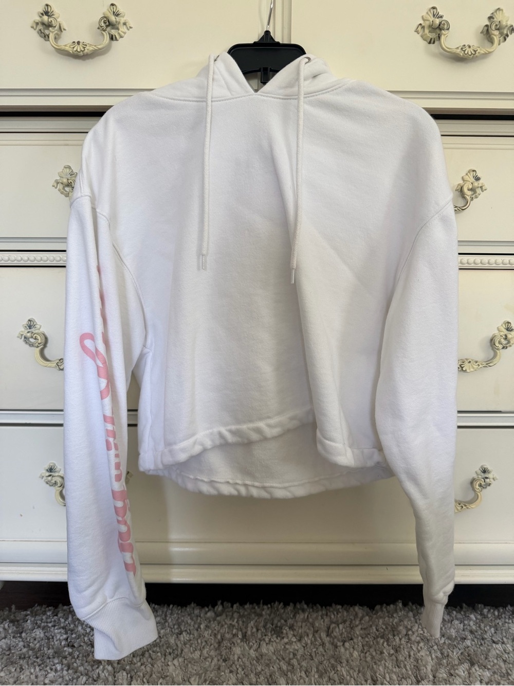 White BTS Cropped Hoodie with Pink Logos and Drawstring Waist
